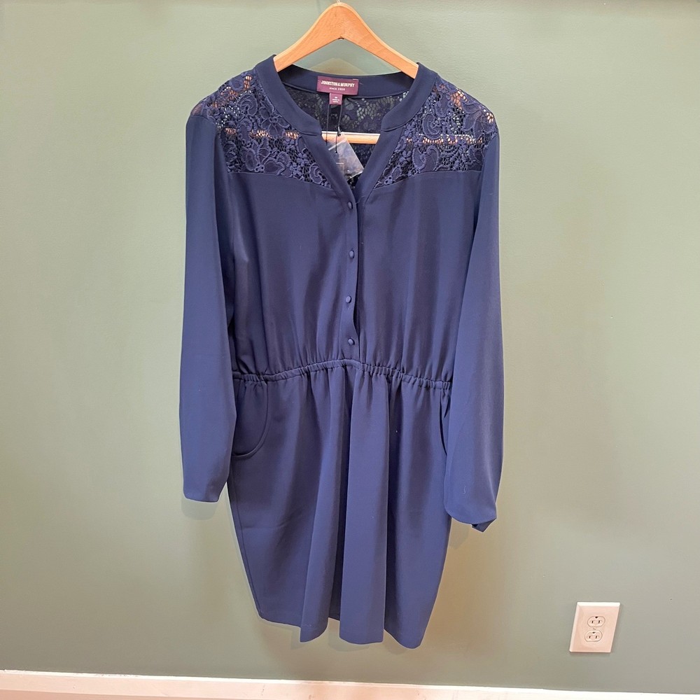 Johnston & Murphy Navy Lace Inset Button Front Elastic Waist Dress Size M