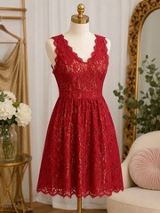 Greylyn Red Lace Cocktail Dress Gold Lined Romantic Fit Flare Medium Petite