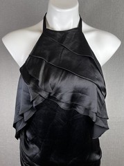 Womens Size Medium 100% Silk Open Back Halter Ruffled Mini Dress Black Ruched
