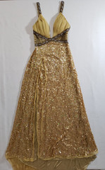 Vivace by Cassandra Stone Gold Sequin Long Dress size M Front Slit Sleeveless *