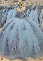 Sky Blue Quinceanera Dresses Glitter Appliques Sweet 15 Party Prom Ball Gown