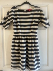 Betsey Johnson Navy/White Striped Fit & Flare Knee Boat Neck Knit Dress 10