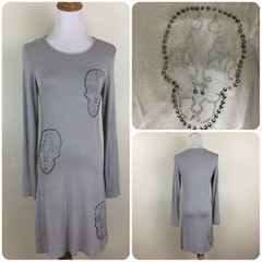 ZAC POSEN Light Gray Silver Skull Rhinestone Long Sleeve Dress Womens sz Small