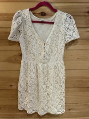 Vila Clothes Floral Lace Short Dress Round Neck Button Short Sleeve White M