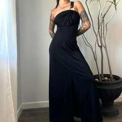 Vintage BACK STREET Black Maxi Dress Rhinestone Detail One Sleeve Size S