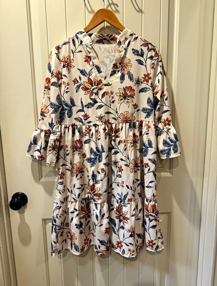 Emery Rose Floral Tiered Boho Smock Dress Notched V-Neck Ruffle 3/4 Sleeve S