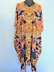 EMBELLISHED DIGITAL ROCOCO PRINT MULTI COLOURED V NECK CREPE KAFTAN/DRESS KC35
