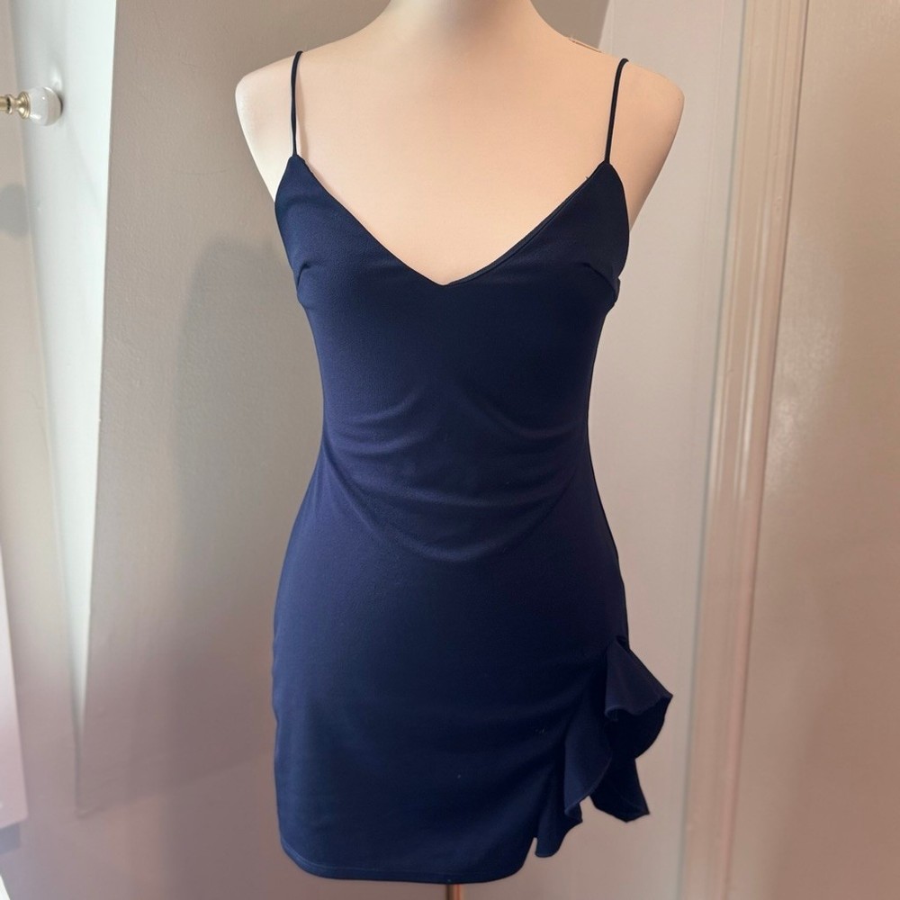 Lucy in the Sky Navy Stretch Jersey Ruffle Hem Mini Dress | Size Medium