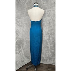 Alyce Design Teal 100% Silk Beaded Sequin Halter Gown Dress Vintage Prom Mermaid