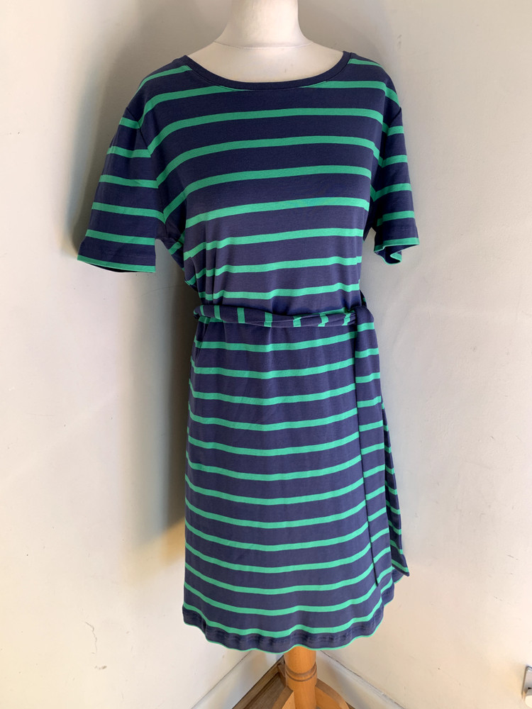 BNWT Woolovers Tshirt Dress L NEW tie waist cotton stripe navy green belted