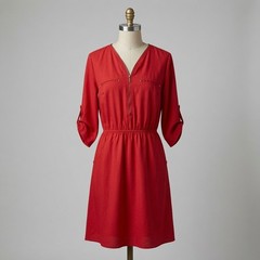 Speed Control Red Zip Front Roll Tab Sleeve Dress Elastic Waist Size S