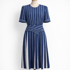 Vintage 80s Sailor Polka Dot Midi Dress Sz 10 Navy Pinup Striped Retro Coquette