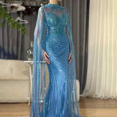 Mermaid Angular Sleeve Lace Bead Evening Dress Sweeping Train Prom Ball Gown
