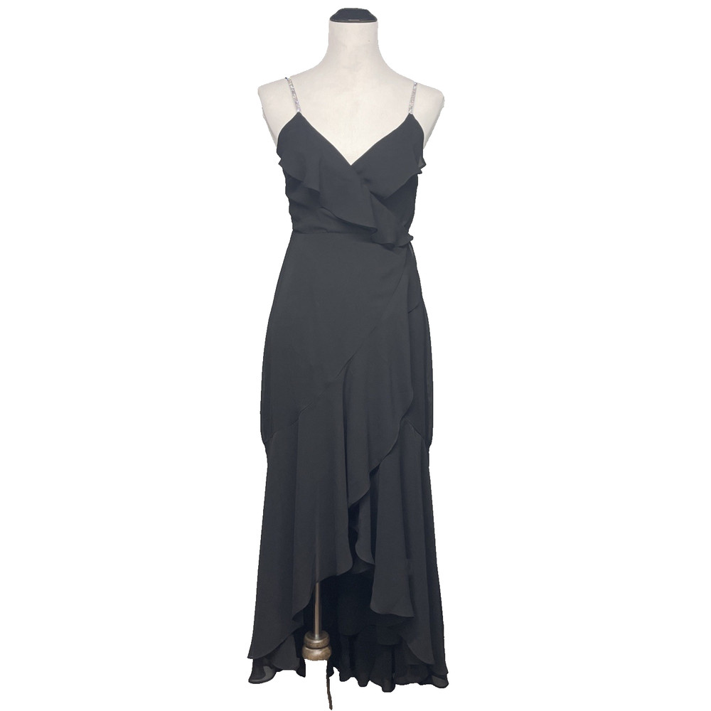 Express XS Black Rhinestone Strap Ruffle Hi-Lo Dress Cocktail Evening Y2K Style