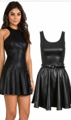 Womens Wet Look PVC Belted Plus Size Flared Celebrity Skater Dress 8-26