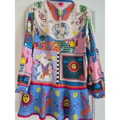 Endless Moon Patchwork Satin Mini Dress NWT Celestial Vacation Shirt Tunic S