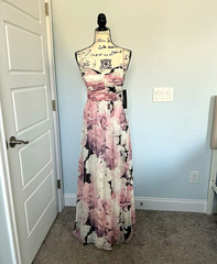 Trixxi Pink/Ivory/Black Floral Chiffon Ruched Sweetheart Maxi Dress 7