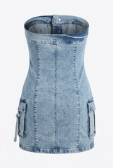 K4400 Women&rsquo;s Casual Strapless Cargo Mini Dress , High-Stretch Light Wash Denim