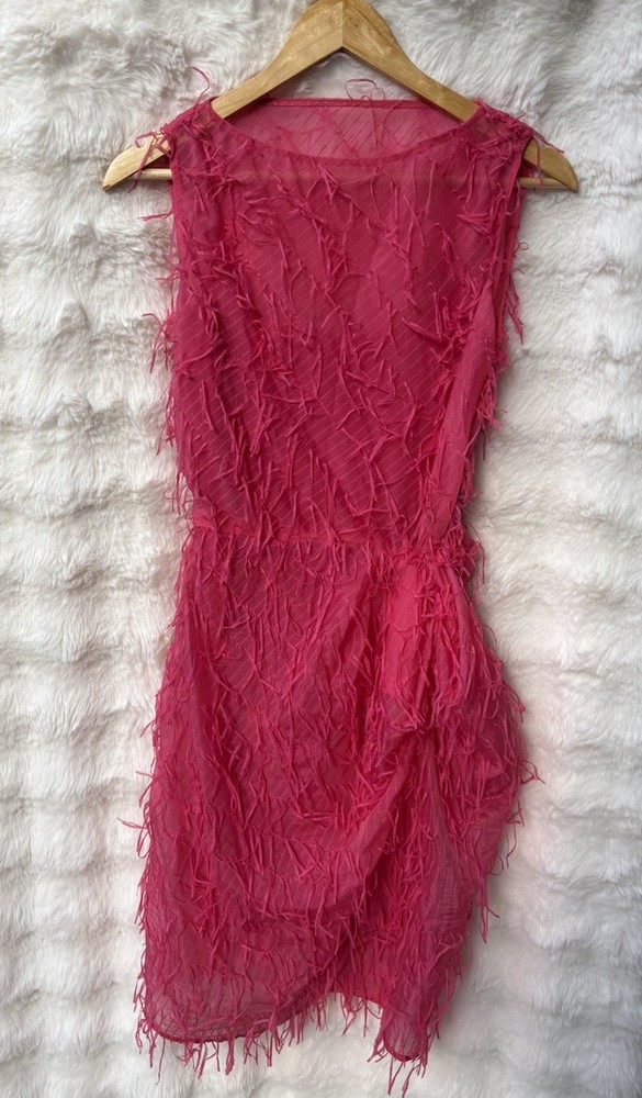 SCANLAN THEODORE Rare Pink Fringe Textured Silk Dress Sheer Overlay Party AU 6 8