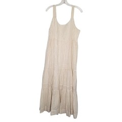 Linda Anderson Midi Sundress Striped Cream Gold Tiered Smocked XL Cottagecore