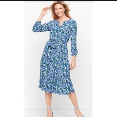 New Talbots Bule Green White Floral Midi A-Line Dress V-Neck 3/4 Sleeve Size 8P
