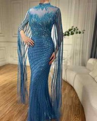 Mermaid Angular Sleeve Lace Bead Evening Dress Sweeping Train Prom Ball Gown
