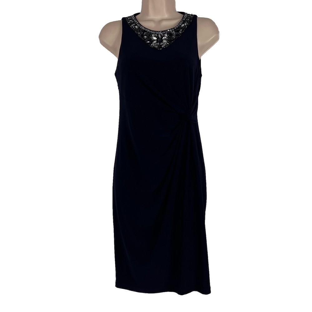 DJ-Jaz Dress Women&rsquo;s Size 4 Sleeveless Sheath Ruched Beaded Navy Blue Stretch