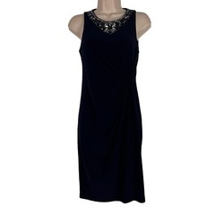DJ-Jaz Dress Women&rsquo;s Size 4 Sleeveless Sheath Ruched Beaded Navy Blue Stretch