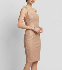 CLEARANCE Flounce Faux Leather Dress Beige Tan Sleeveless Bodycon Midi Dress