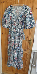NEXT WHITE BLUE RED MULTI CALF WRAP DRESS 12 SHORT SLEEVE LINEN MIX