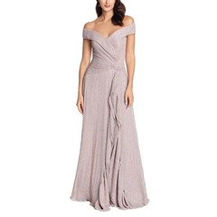 Xscape Ruffled Off-The-Shoulder Evening Sheath Gown Rose Pick Size 12 Petite NWT
