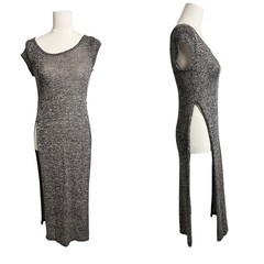 Love J Maxi Dress Small Beige Cutout Side Slit Stretch Knit Tunic Boho Festival