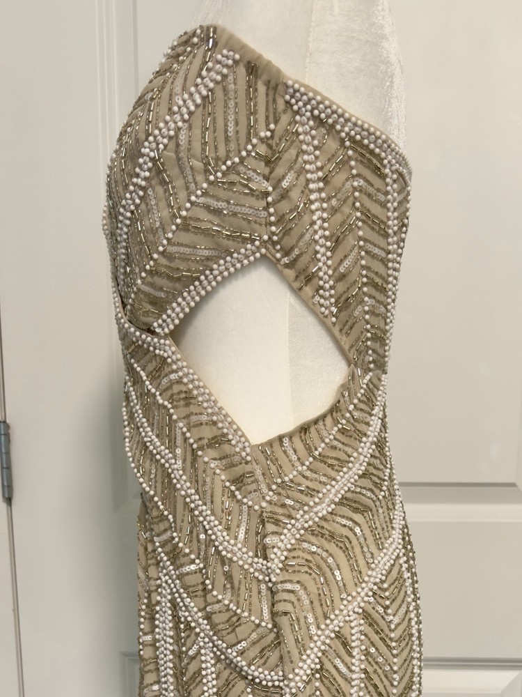 ASOS DESIGN Beige Strapless Beaded Sequin Cut Out Maxi Dress Long US 10