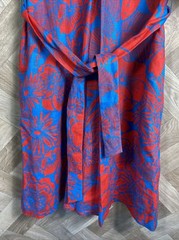 Ladies HOBBS Blue & Red Floral 100% Linen A Line Dress Summer Tie Waist Size 8