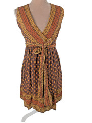 Anna Sui Silk Wrap Dress Brown Sz S Geometric Boho Ethnic Colorful Retro