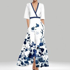 Fashion and elegance V-neck printed lace-up dress