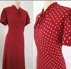 Vintage 1940s 1950s Style Red Cream Polka Dot Tea Dress Size 12 TWINWOOD