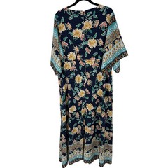 Chico’s Floral Imperial Border Print Maxi Dress Kimono Sleeve Boho Resort 2.5 L