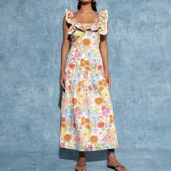 Borgo De Nor Calliope Jessie Cotton Ruffle Strap Midi Dress-Blue Floral-Size 18