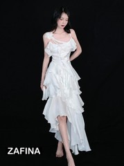 Human Ephemeral Red Mermaid Dress Ruffled Slip Maxi Gown Designer Style