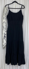 Joie Sz M Black Linen Blend Tiered Dress With Silk Ivory Black Floral Scarf