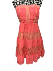 Flying Tomato Strapless Coral Tier Dress Size Large Elastic Back Lace Ruffles