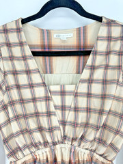 Cato A Line Dress Size SM Tan Multi Plaid Tiered Stretch 3/4 Sleeve Boho Mini