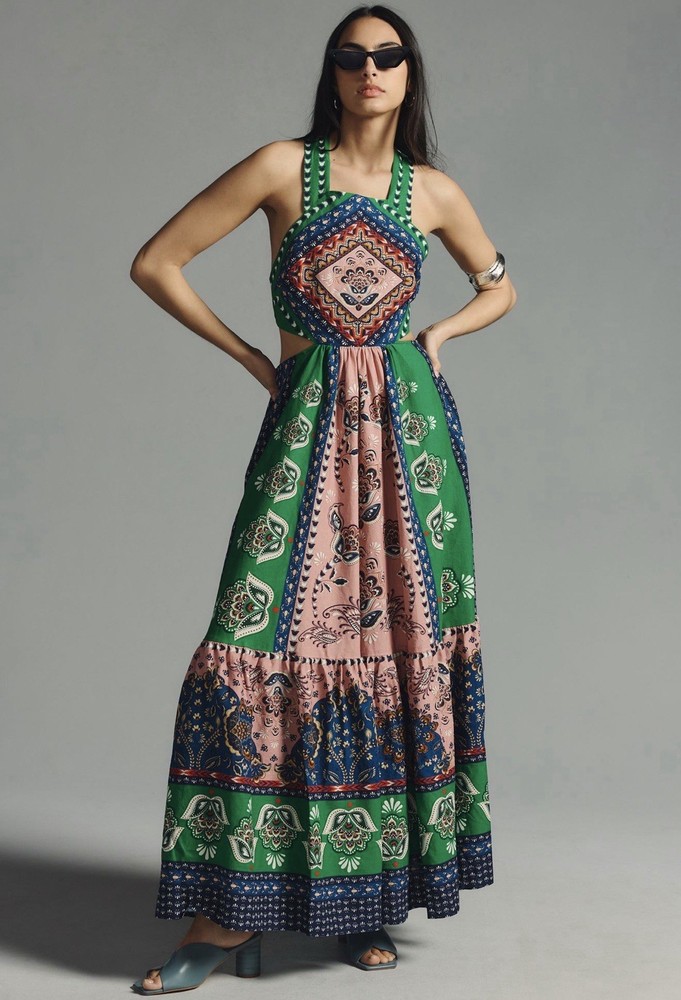 Farm Rio Cutout Colorful Linen Blend Halter Boho Festival Maxi Dress Medium NEW