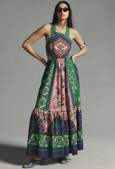 Farm Rio Cutout Colorful Linen Blend Halter Boho Festival Maxi Dress Medium NEW