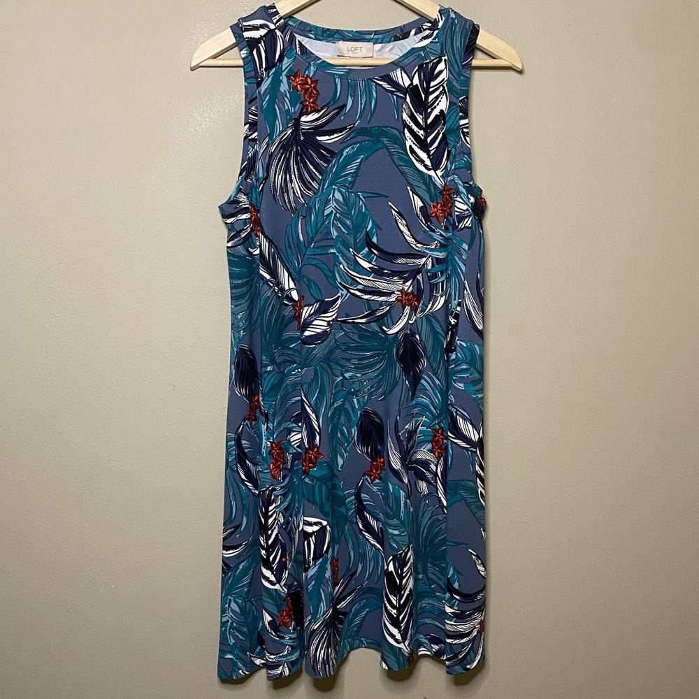 Loft Outlet Sundress Medium Green Red Black Floral Sleeveless Tropical Hawaiian