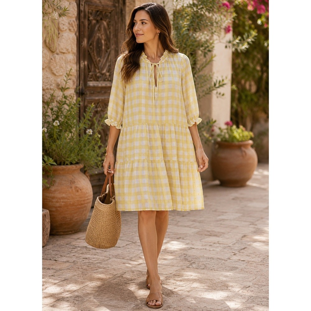 Nanette Lepore Chiffon Midi Dress Womens Sz 12 Yellow White Gingham Cottagecore