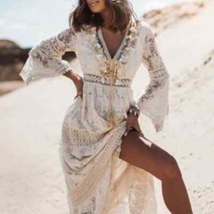 Women&rsquo;s Boho Maxi Lace V Neck Flare Sleeve Dress Summer Party Beach Sundress