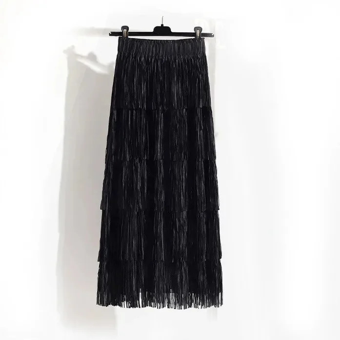 Multifunctional Slimming Tassel Cake Skirt Medium and Long Dress Elastic Waist D