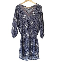 Ella Moss Lilia Dress In Navy Blue Size Small Embroidered Trim Geometric ED17801